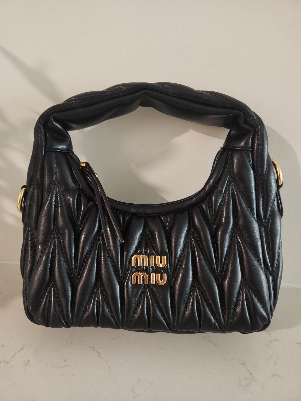 Miu Miu Black Quilted Leather Top-Handle Shoulder Bag with Gold Logo